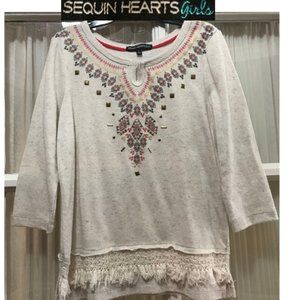 Sequin Hearts Girls 3/4 sleeve pull-over; metal bead decor; girls' size S.